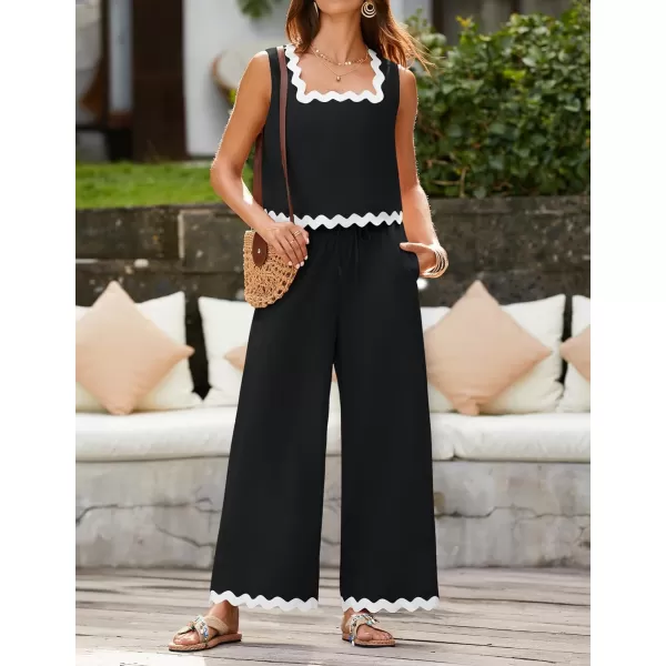 imageZESICA Summer 2 Piece Sets for Women Linen Tank Top and Wide Leg Pants Matching Lounge Sets Spring Outfits TracksuitsBlack