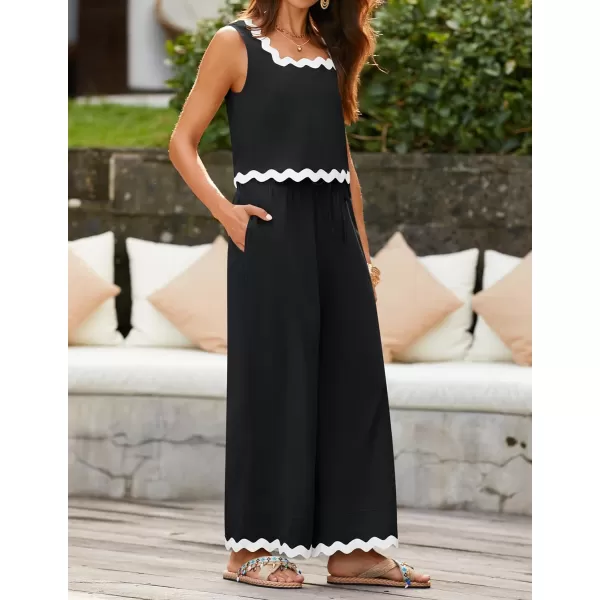 imageZESICA Summer 2 Piece Sets for Women Linen Tank Top and Wide Leg Pants Matching Lounge Sets Spring Outfits TracksuitsBlack
