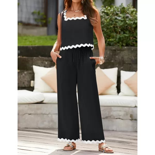 imageZESICA Summer 2 Piece Sets for Women Linen Tank Top and Wide Leg Pants Matching Lounge Sets Spring Outfits TracksuitsBlack