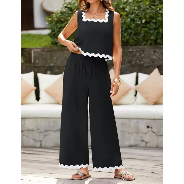imageZESICA Summer 2 Piece Sets for Women Linen Tank Top and Wide Leg Pants Matching Lounge Sets Spring Outfits TracksuitsBlack