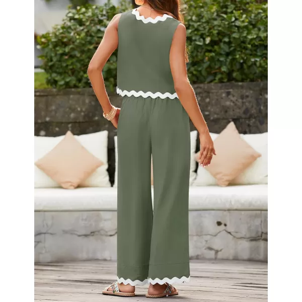 imageZESICA Summer 2 Piece Sets for Women Linen Tank Top and Wide Leg Pants Matching Lounge Sets Spring Outfits TracksuitsGreen