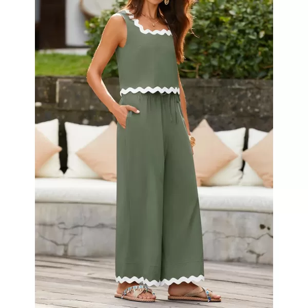 imageZESICA Summer 2 Piece Sets for Women Linen Tank Top and Wide Leg Pants Matching Lounge Sets Spring Outfits TracksuitsGreen