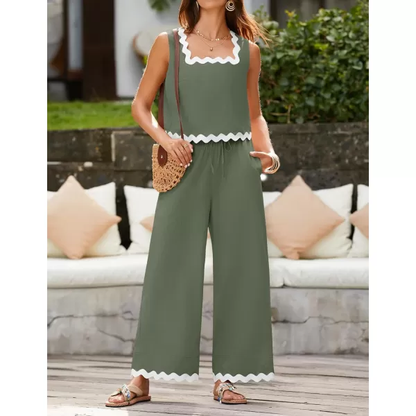 imageZESICA Summer 2 Piece Sets for Women Linen Tank Top and Wide Leg Pants Matching Lounge Sets Spring Outfits TracksuitsGreen