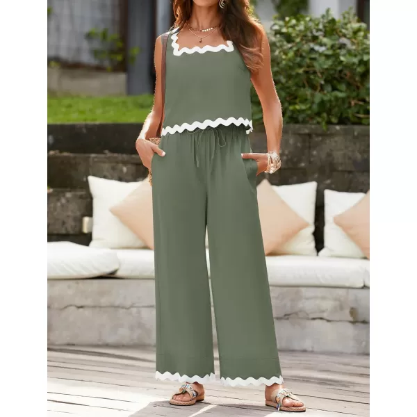 imageZESICA Summer 2 Piece Sets for Women Linen Tank Top and Wide Leg Pants Matching Lounge Sets Spring Outfits TracksuitsGreen