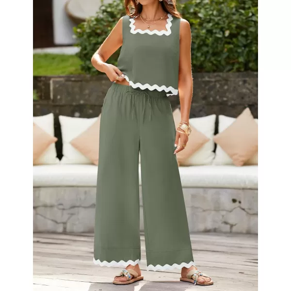 imageZESICA Summer 2 Piece Sets for Women Linen Tank Top and Wide Leg Pants Matching Lounge Sets Spring Outfits TracksuitsGreen