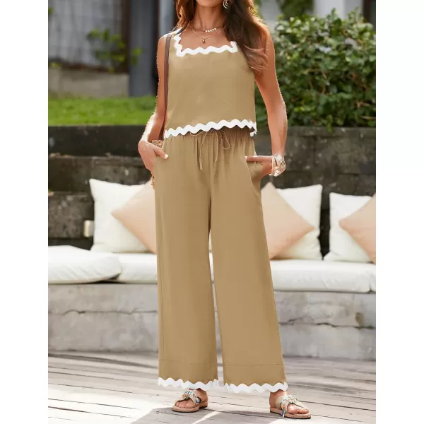 imageZESICA Summer 2 Piece Sets for Women Linen Tank Top and Wide Leg Pants Matching Lounge Sets Spring Outfits TracksuitsKhaki