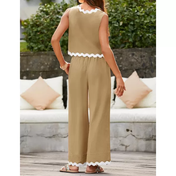 imageZESICA Summer 2 Piece Sets for Women Linen Tank Top and Wide Leg Pants Matching Lounge Sets Spring Outfits TracksuitsKhaki