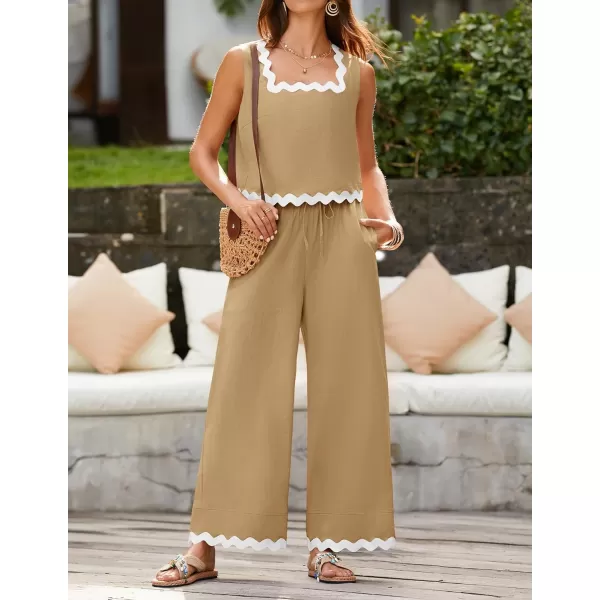 imageZESICA Summer 2 Piece Sets for Women Linen Tank Top and Wide Leg Pants Matching Lounge Sets Spring Outfits TracksuitsKhaki