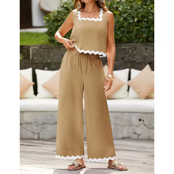 imageZESICA Summer 2 Piece Sets for Women Linen Tank Top and Wide Leg Pants Matching Lounge Sets Spring Outfits TracksuitsKhaki