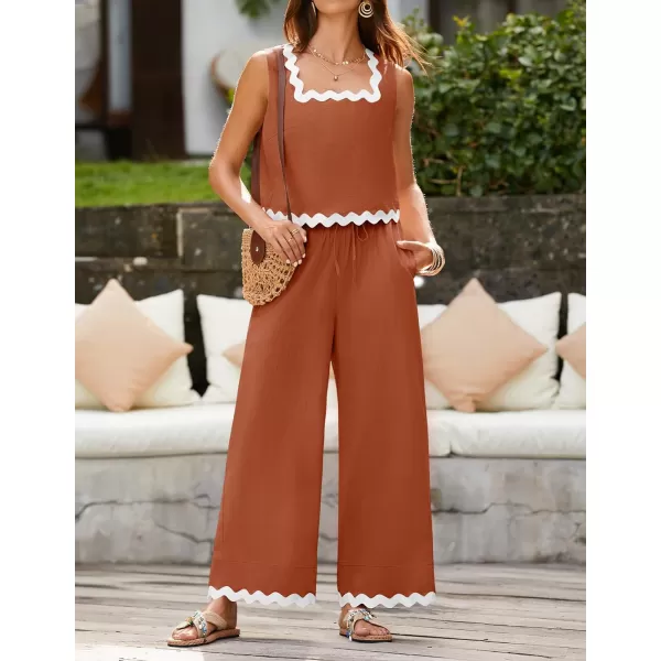 imageZESICA Summer 2 Piece Sets for Women Linen Tank Top and Wide Leg Pants Matching Lounge Sets Spring Outfits TracksuitsRust