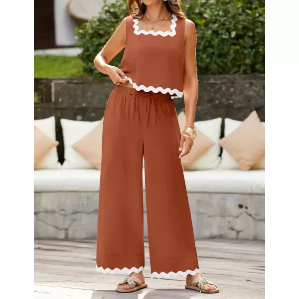 imageZESICA Summer 2 Piece Sets for Women Linen Tank Top and Wide Leg Pants Matching Lounge Sets Spring Outfits TracksuitsRust