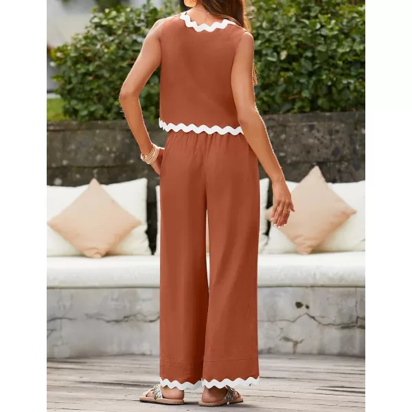 imageZESICA Summer 2 Piece Sets for Women Linen Tank Top and Wide Leg Pants Matching Lounge Sets Spring Outfits TracksuitsRust
