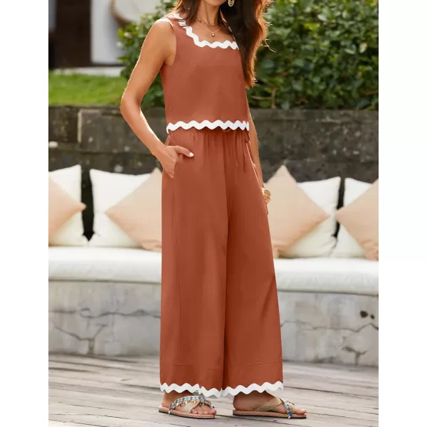 imageZESICA Summer 2 Piece Sets for Women Linen Tank Top and Wide Leg Pants Matching Lounge Sets Spring Outfits TracksuitsRust