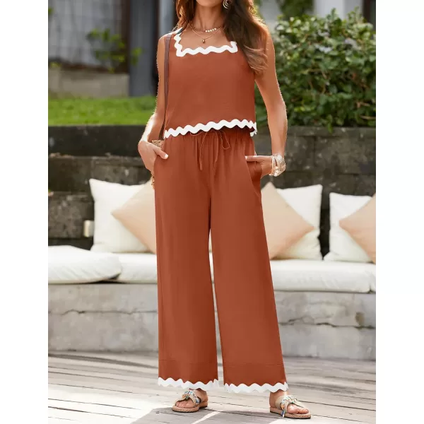 imageZESICA Summer 2 Piece Sets for Women Linen Tank Top and Wide Leg Pants Matching Lounge Sets Spring Outfits TracksuitsRust