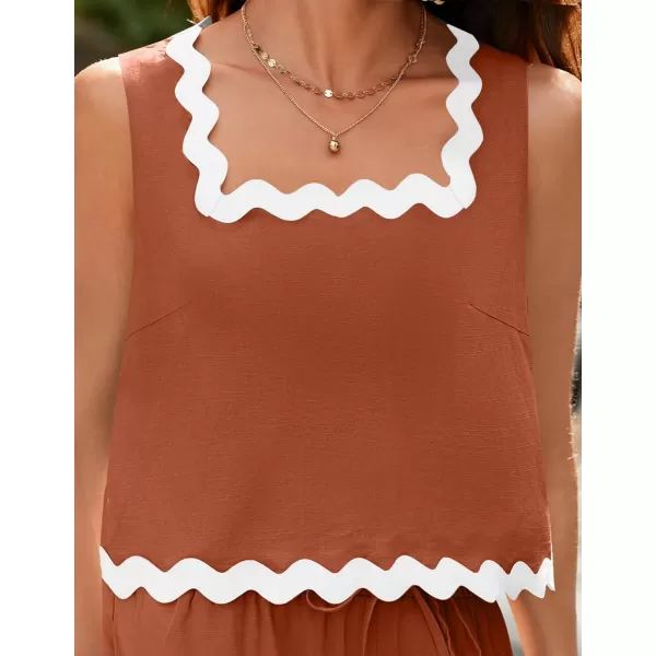 imageZESICA Summer Two Piece Sets for Women Linen Crop Tank Top and Wide Leg Pants Matching Lounge Sets Beach Vacation OutfitsRust