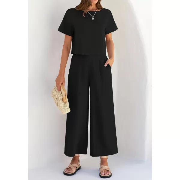 imageZESICA Womens 2 Piece Outfits Linen Short Sleeve Crop Top and High Waist Pants Lounge Matching Set 2023 Trendy ClothesBlack