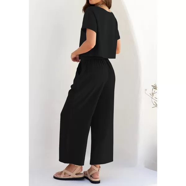 imageZESICA Womens 2 Piece Outfits Linen Short Sleeve Crop Top and High Waist Pants Lounge Matching Set 2023 Trendy ClothesBlack