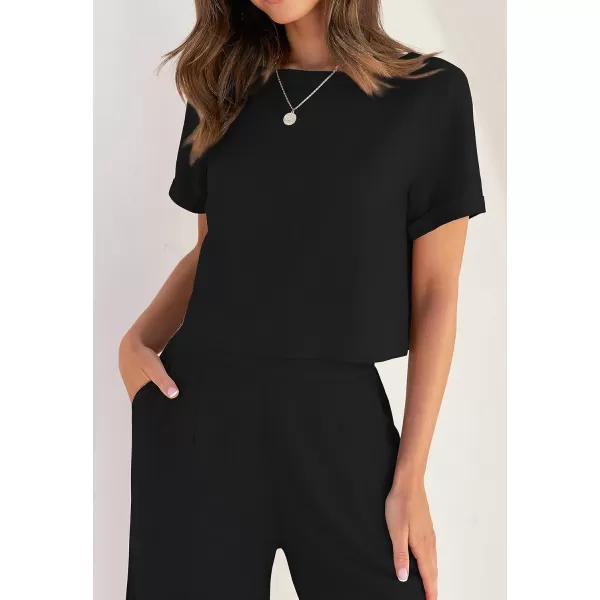 imageZESICA Womens 2 Piece Outfits Linen Short Sleeve Crop Top and High Waist Pants Lounge Matching Set 2023 Trendy ClothesBlack