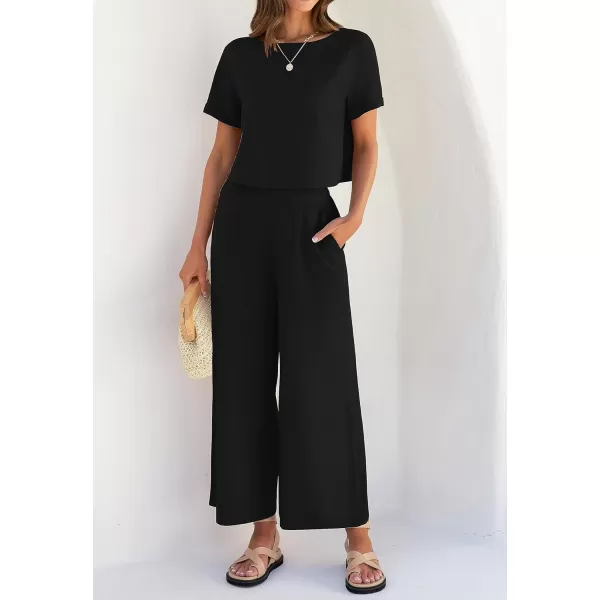 imageZESICA Womens 2 Piece Outfits Linen Short Sleeve Crop Top and High Waist Pants Lounge Matching Set 2023 Trendy ClothesBlack