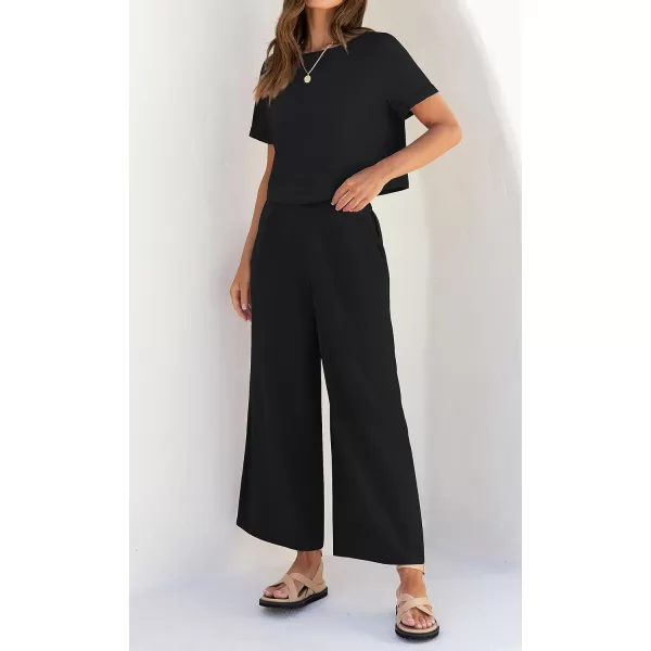 imageZESICA Womens 2 Piece Outfits Linen Short Sleeve Crop Top and High Waist Pants Lounge Matching Set 2023 Trendy ClothesBlack
