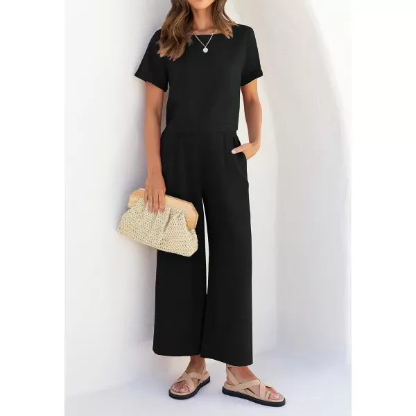 imageZESICA Womens 2 Piece Outfits Linen Short Sleeve Crop Top and High Waist Pants Lounge Matching Set 2023 Trendy ClothesBlack