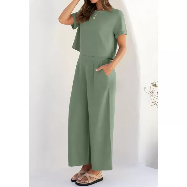 imageZESICA Womens 2 Piece Outfits Linen Short Sleeve Crop Top and High Waist Pants Lounge Matching Set 2023 Trendy ClothesCeladon