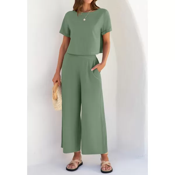 imageZESICA Womens 2 Piece Outfits Linen Short Sleeve Crop Top and High Waist Pants Lounge Matching Set 2023 Trendy ClothesCeladon