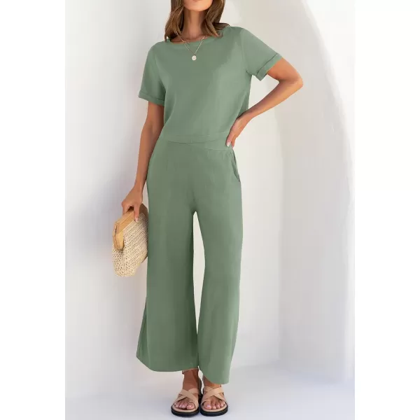 imageZESICA Womens 2 Piece Outfits Linen Short Sleeve Crop Top and High Waist Pants Lounge Matching Set 2023 Trendy ClothesCeladon