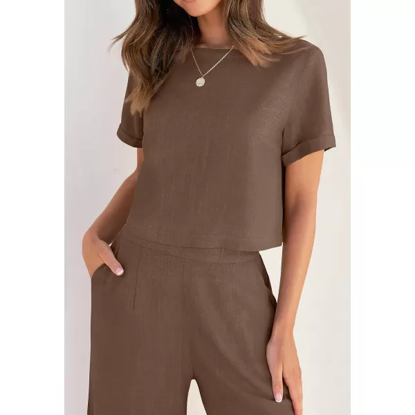 imageZESICA Womens 2 Piece Outfits Linen Short Sleeve Crop Top and High Waist Pants Lounge Matching Set 2023 Trendy ClothesCoffee
