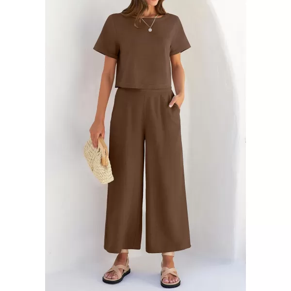 imageZESICA Womens 2 Piece Outfits Linen Short Sleeve Crop Top and High Waist Pants Lounge Matching Set 2023 Trendy ClothesCoffee