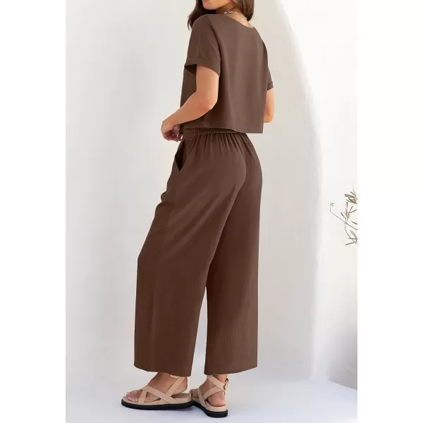 imageZESICA Womens 2 Piece Outfits Linen Short Sleeve Crop Top and High Waist Pants Lounge Matching Set 2023 Trendy ClothesCoffee