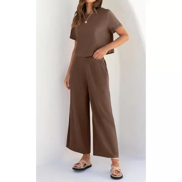 imageZESICA Womens 2 Piece Outfits Linen Short Sleeve Crop Top and High Waist Pants Lounge Matching Set 2023 Trendy ClothesCoffee