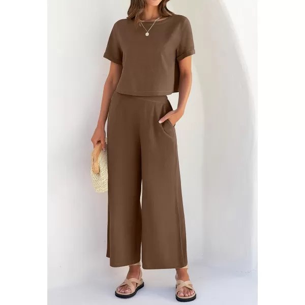 imageZESICA Womens 2 Piece Outfits Linen Short Sleeve Crop Top and High Waist Pants Lounge Matching Set 2023 Trendy ClothesCoffee