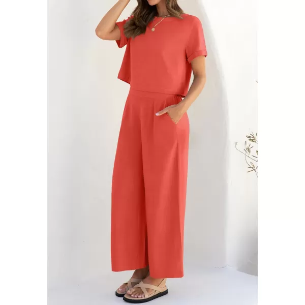 imageZESICA Womens 2 Piece Outfits Linen Short Sleeve Crop Top and High Waist Pants Lounge Matching Set 2023 Trendy ClothesCoral