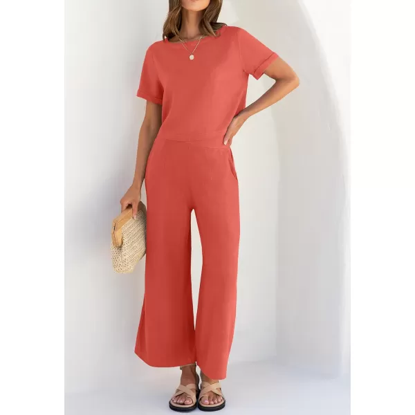 imageZESICA Womens 2 Piece Outfits Linen Short Sleeve Crop Top and High Waist Pants Lounge Matching Set 2023 Trendy ClothesCoral