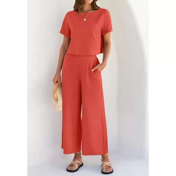 imageZESICA Womens 2 Piece Outfits Linen Short Sleeve Crop Top and High Waist Pants Lounge Matching Set 2023 Trendy ClothesCoral