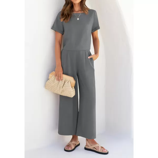 imageZESICA Womens 2 Piece Outfits Linen Short Sleeve Crop Top and High Waist Pants Lounge Matching Set 2023 Trendy ClothesDustyblue