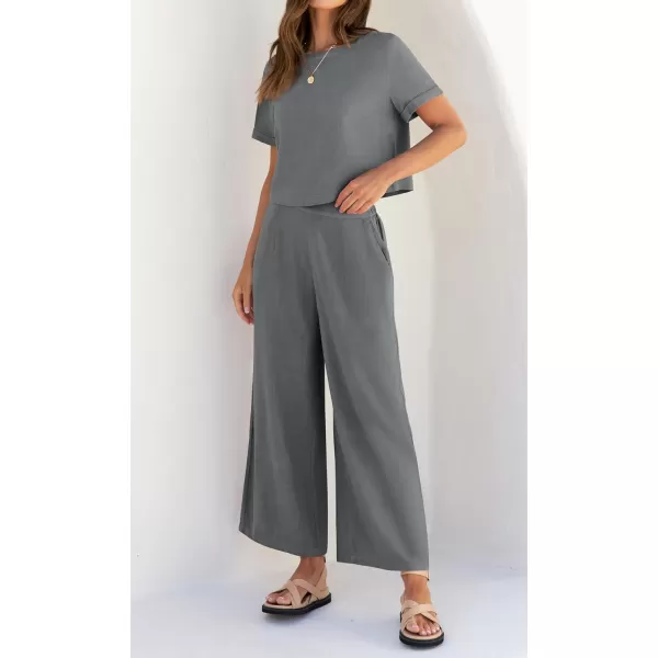 imageZESICA Womens 2 Piece Outfits Linen Short Sleeve Crop Top and High Waist Pants Lounge Matching Set 2023 Trendy ClothesDustyblue