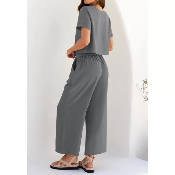 imageZESICA Womens 2 Piece Outfits Linen Short Sleeve Crop Top and High Waist Pants Lounge Matching Set 2023 Trendy ClothesDustyblue