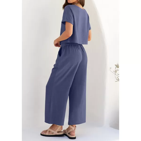 imageZESICA Womens 2 Piece Outfits Linen Short Sleeve Crop Top and High Waist Pants Lounge Matching Set 2023 Trendy ClothesGreyblue