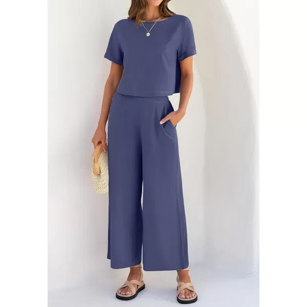 imageZESICA Womens 2 Piece Outfits Linen Short Sleeve Crop Top and High Waist Pants Lounge Matching Set 2023 Trendy ClothesGreyblue