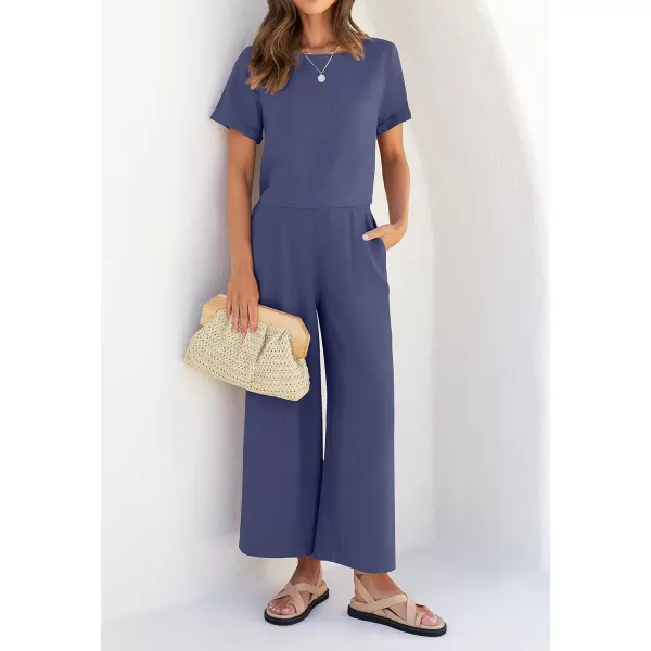 imageZESICA Womens 2 Piece Outfits Linen Short Sleeve Crop Top and High Waist Pants Lounge Matching Set 2023 Trendy ClothesGreyblue