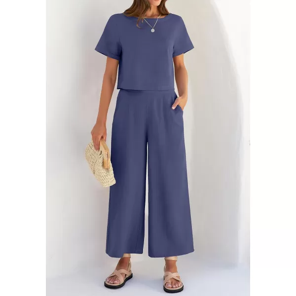 imageZESICA Womens 2 Piece Outfits Linen Short Sleeve Crop Top and High Waist Pants Lounge Matching Set 2023 Trendy ClothesGreyblue