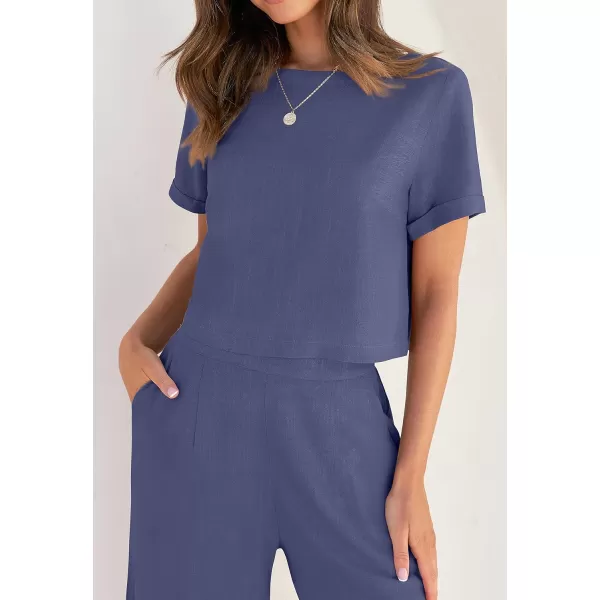 imageZESICA Womens 2 Piece Outfits Linen Short Sleeve Crop Top and High Waist Pants Lounge Matching Set 2023 Trendy ClothesGreyblue