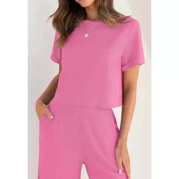 imageZESICA Womens 2 Piece Outfits Linen Short Sleeve Crop Top and High Waist Pants Lounge Matching Set 2023 Trendy ClothesHotpink