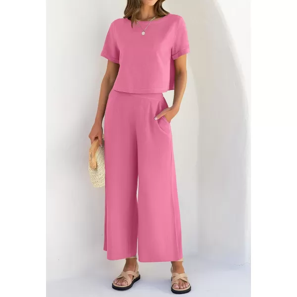 imageZESICA Womens 2 Piece Outfits Linen Short Sleeve Crop Top and High Waist Pants Lounge Matching Set 2023 Trendy ClothesHotpink