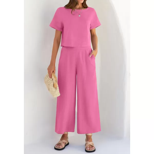 imageZESICA Womens 2 Piece Outfits Linen Short Sleeve Crop Top and High Waist Pants Lounge Matching Set 2023 Trendy ClothesHotpink