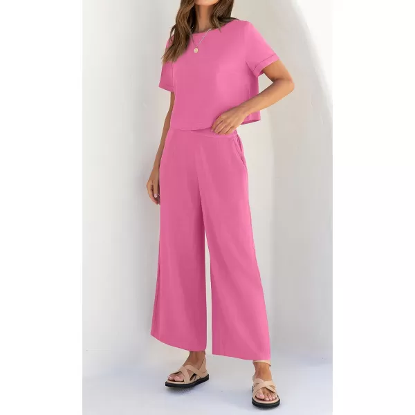 imageZESICA Womens 2 Piece Outfits Linen Short Sleeve Crop Top and High Waist Pants Lounge Matching Set 2023 Trendy ClothesHotpink