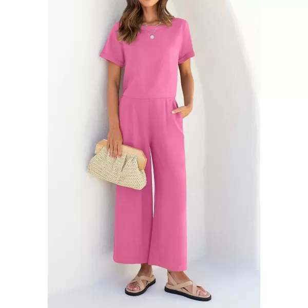 imageZESICA Womens 2 Piece Outfits Linen Short Sleeve Crop Top and High Waist Pants Lounge Matching Set 2023 Trendy ClothesHotpink