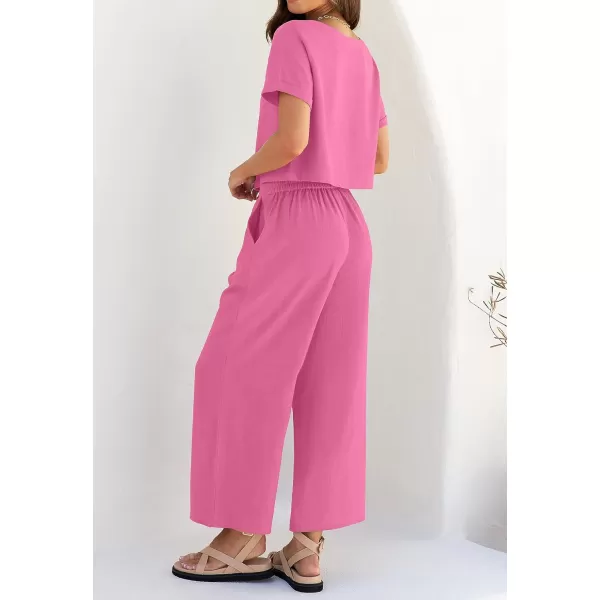 imageZESICA Womens 2 Piece Outfits Linen Short Sleeve Crop Top and High Waist Pants Lounge Matching Set 2023 Trendy ClothesHotpink